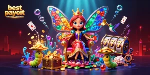 Experience thrilling action with best payout australian casino sites as vibrant characters from the casino world surround a treasure chest bursting with winnings.
