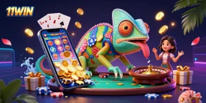 Experience thrilling 11WIN gameplay as the colorful chameleon casino owner grabs golden coins amidst dynamic slot action.