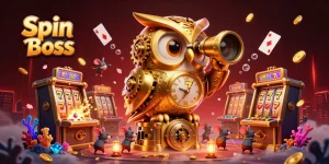 Experience the thrill of Spin Boss as the golden clockwork owl surveys the bustling casino.