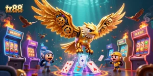 Experience thrills with tr88 as the golden eagle navigates vibrant casino elements in stunning detail.