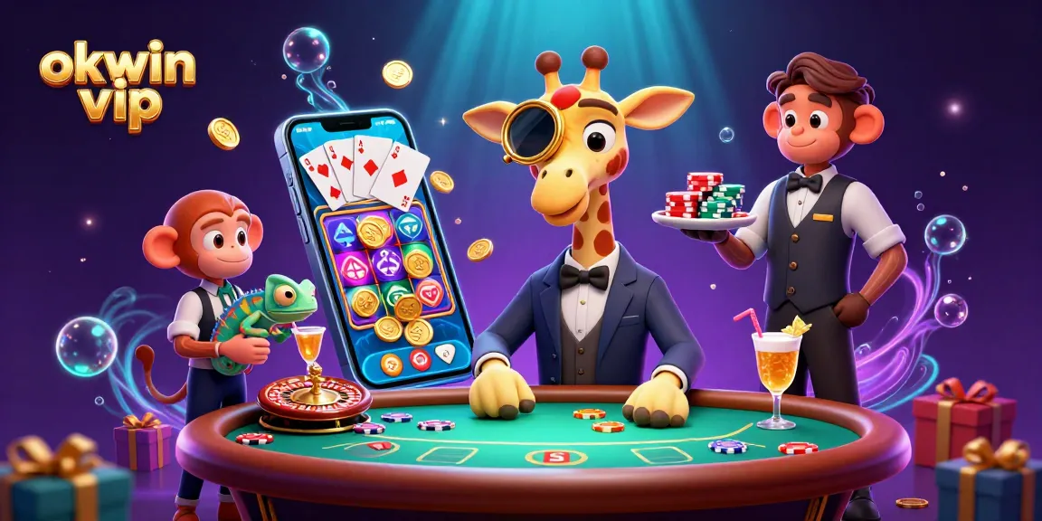Engage in the vibrant okwin vip casino experience with a high-roller giraffe and dynamic gambling elements.