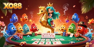 Engage in thrilling gaming action with XO88's vibrant poker scene featuring a mermaid princess and seahorse.