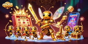 Experience thrilling gameplay with qs88 as a golden hornet samurai leads bee archers in a vibrant casino scene.