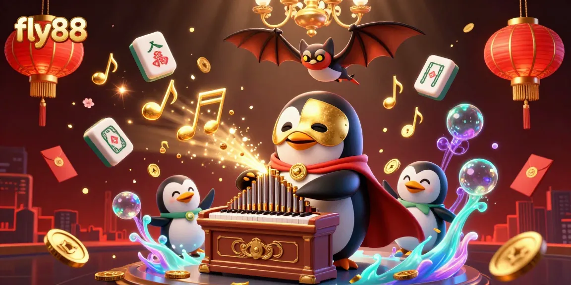 Fly88 highlights an exciting casino scene with a penguin playing organ, golden coins, and dynamic game elements.