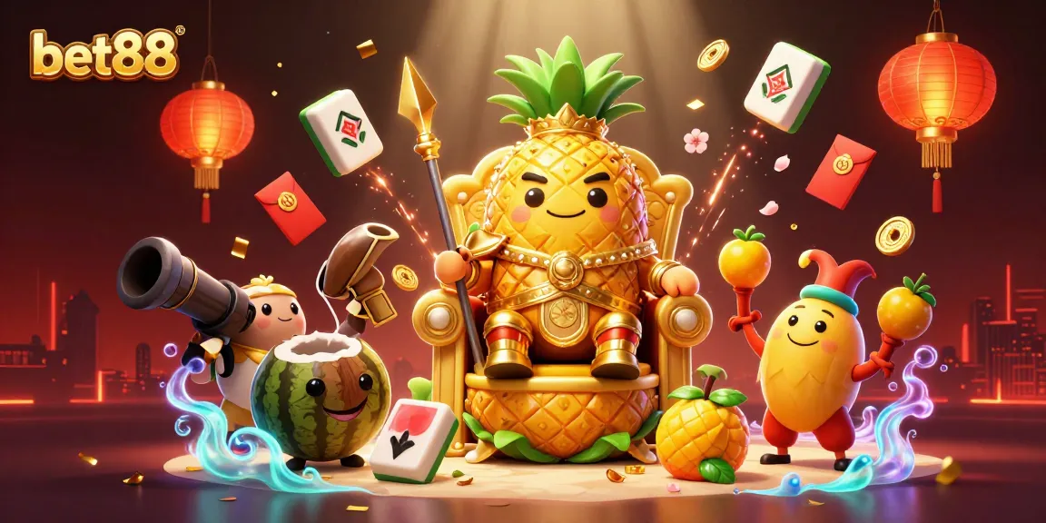 Engage with bet88's vibrant casino world featuring a golden pineapple king and tropical themes.