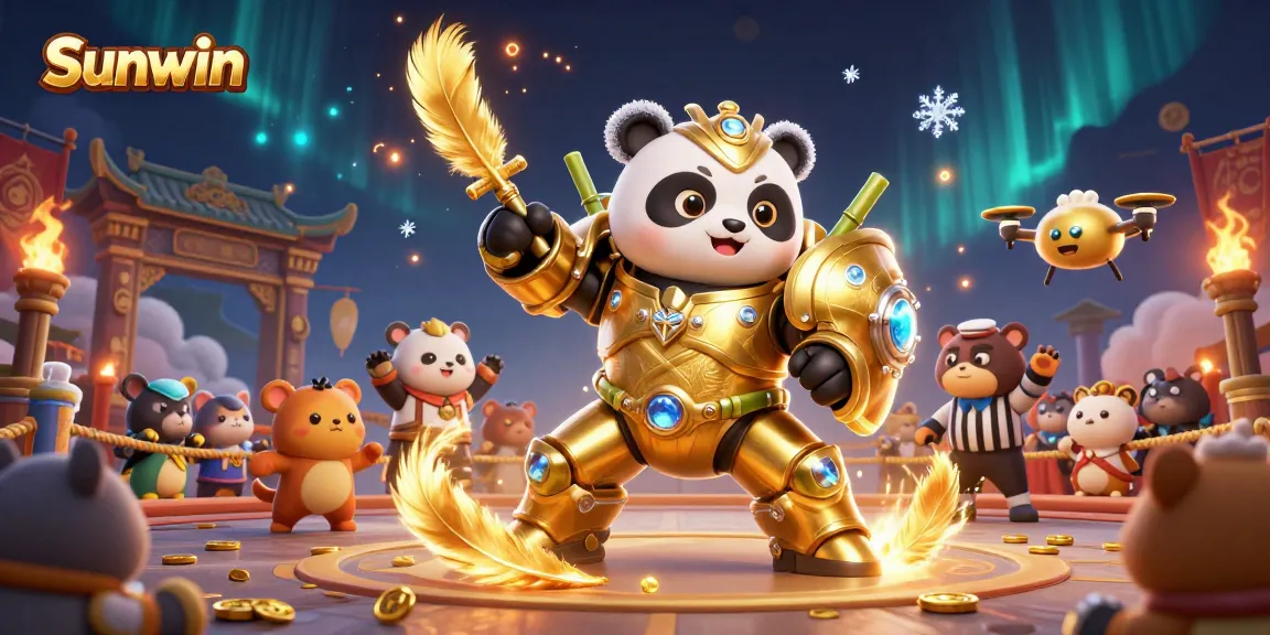 Sunwin offers an exciting gaming experience with a vibrant 3D illustration featuring a golden panda in a bamboo robot battling in a lush gaming arena.